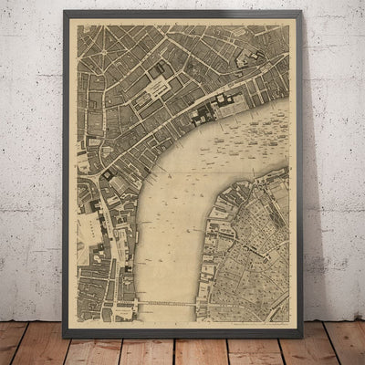 Ancienne carte de Londres, 1746 par John Rocque - C2 - Somerset House Covent Jardin Seven Cadre Waterloo, Charring Cross, Westminster Lambeth