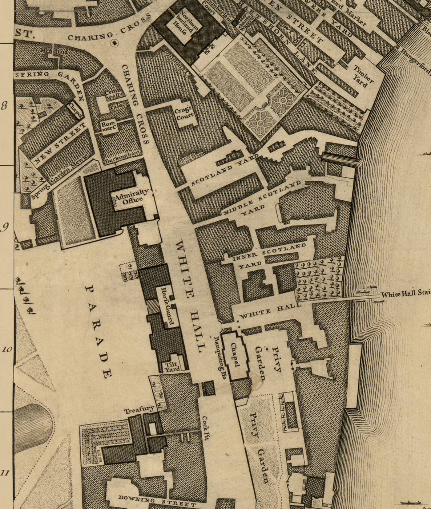 Ancienne carte de Londres, 1746 par John Rocque - C2 - Somerset House Covent Jardin Seven Cadre Waterloo, Charring Cross, Westminster Lambeth