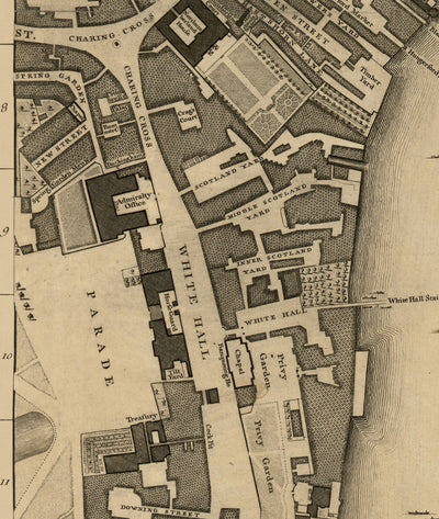 Ancienne carte de Londres, 1746 par John Rocque - C2 - Somerset House Covent Jardin Seven Cadre Waterloo, Charring Cross, Westminster Lambeth