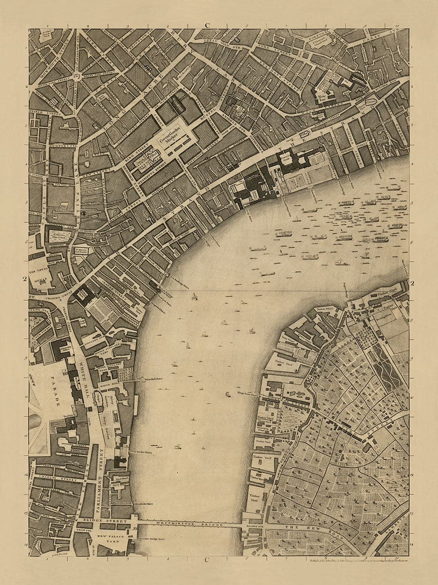 Ancienne carte de Londres, 1746 par John Rocque - C2 - Somerset House Covent Jardin Seven Cadre Waterloo, Charring Cross, Westminster Lambeth