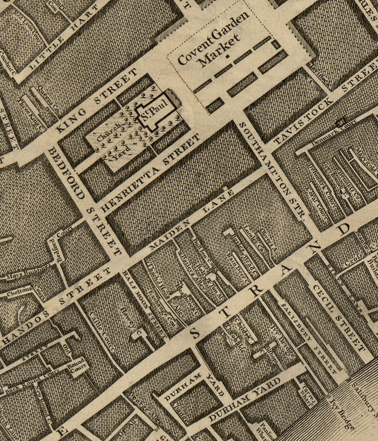 Ancienne carte de Londres, 1746 par John Rocque - C2 - Somerset House Covent Jardin Seven Cadre Waterloo, Charring Cross, Westminster Lambeth