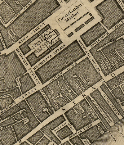 Ancienne carte de Londres, 1746 par John Rocque - C2 - Somerset House Covent Jardin Seven Cadre Waterloo, Charring Cross, Westminster Lambeth