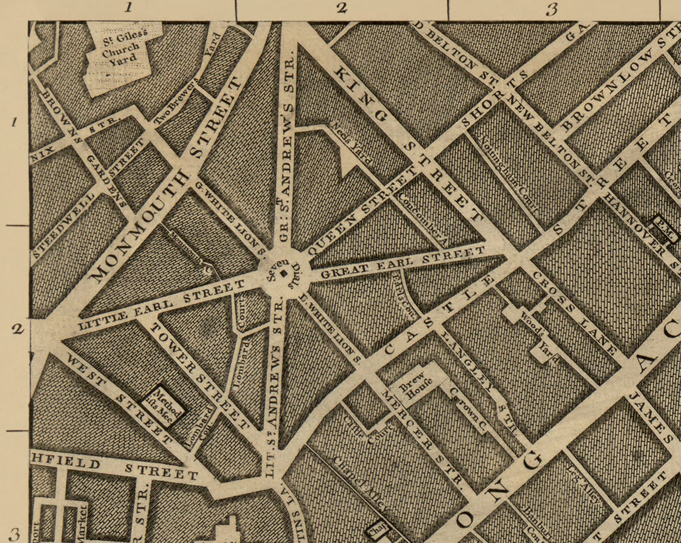 Ancienne carte de Londres, 1746 par John Rocque - C2 - Somerset House Covent Jardin Seven Cadre Waterloo, Charring Cross, Westminster Lambeth