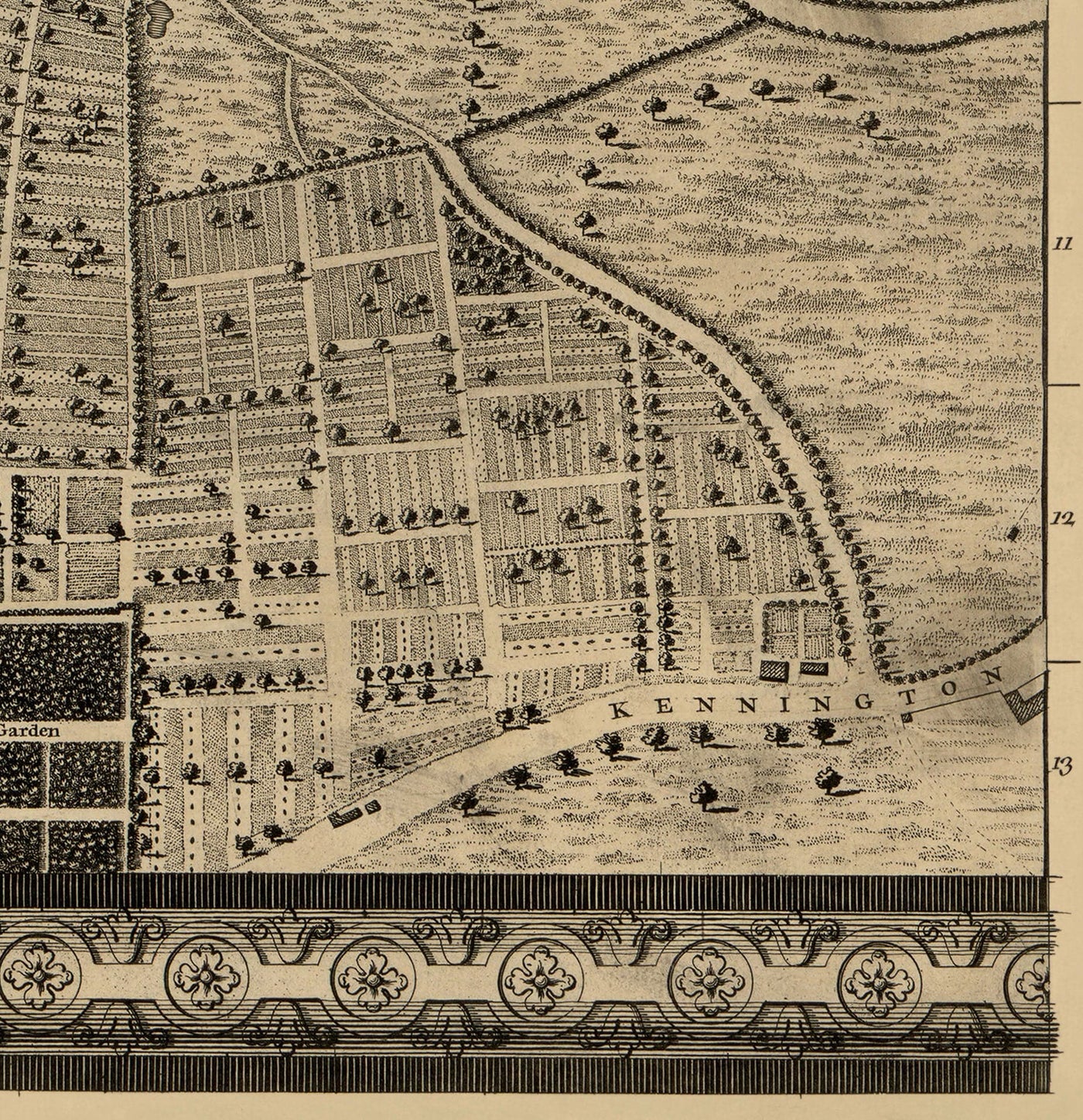 Old Map of London, 1746 by John Rocque, C3 - Lambeth, Vauxhall, Westminster, Parliament, Millbank, Kennington, Marshes