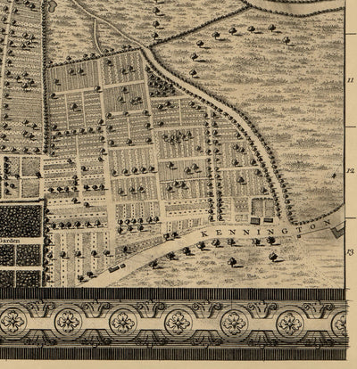 Old Map of London, 1746 by John Rocque, C3 - Lambeth, Vauxhall, Westminster, Parliament, Millbank, Kennington, Marshes