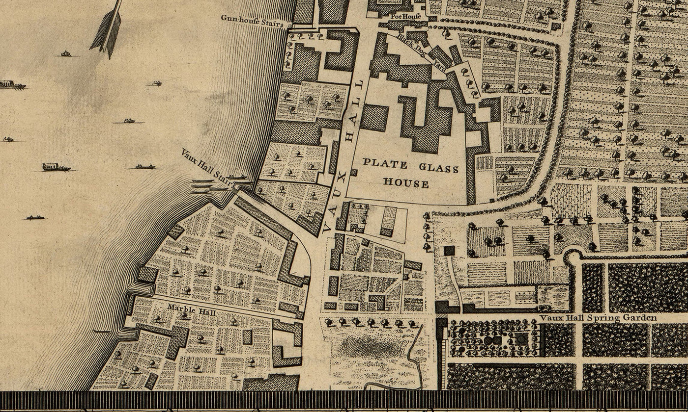 Old Map of London, 1746 by John Rocque, C3 - Lambeth, Vauxhall, Westminster, Parliament, Millbank, Kennington, Marshes