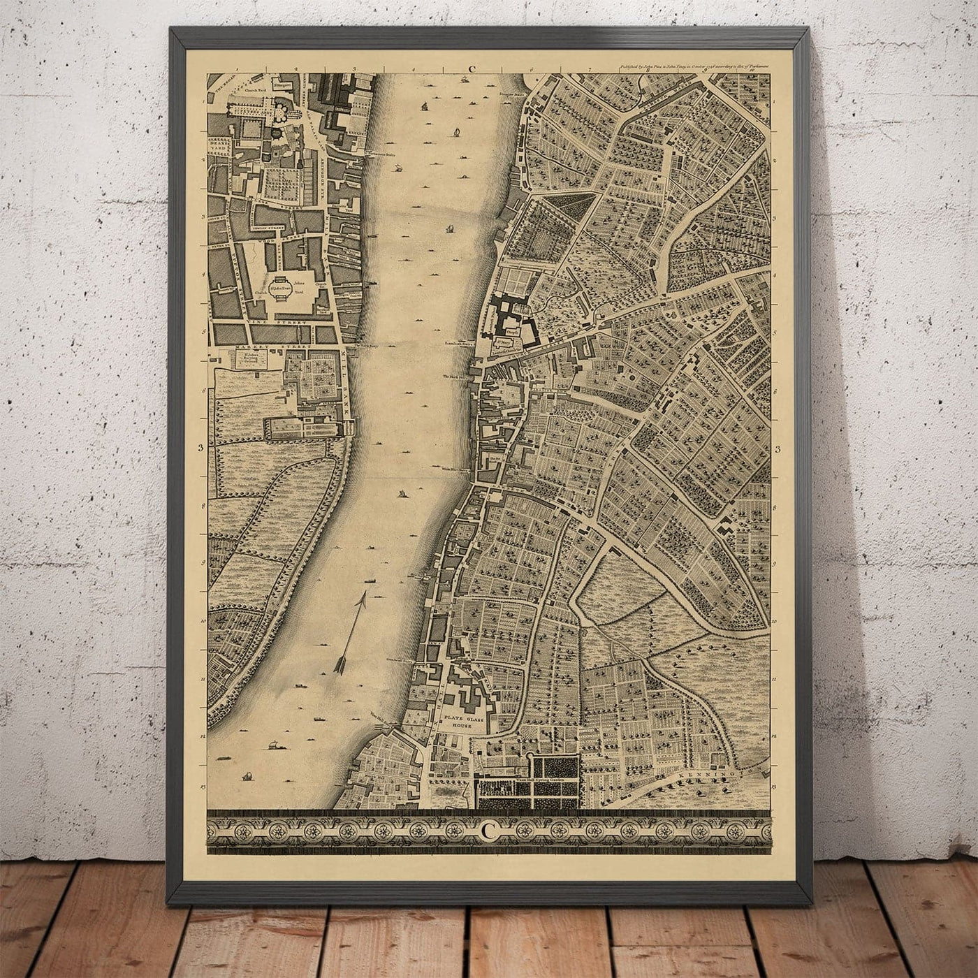 Old Map of London, 1746 by John Rocque, C3 - Lambeth, Vauxhall, Westminster, Parliament, Millbank, Kennington, Marshes