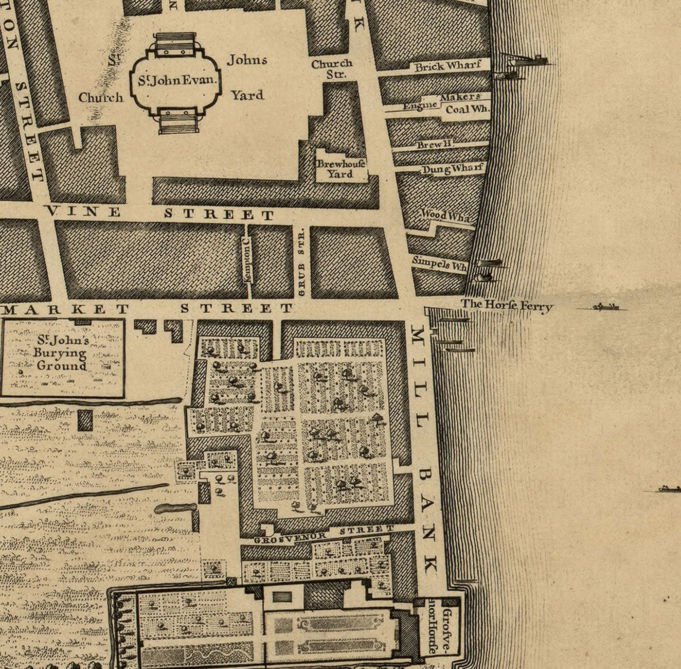 Old Map of London, 1746 by John Rocque, C3 - Lambeth, Vauxhall, Westminster, Parliament, Millbank, Kennington, Marshes