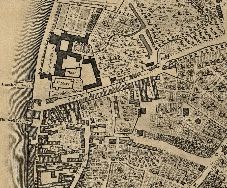 Ancienne carte de Londres, 1746 par John Rocque, C3 - Lambeth, Vauxhall, Westminster, Parlement, Millbank, Kennington, Marais