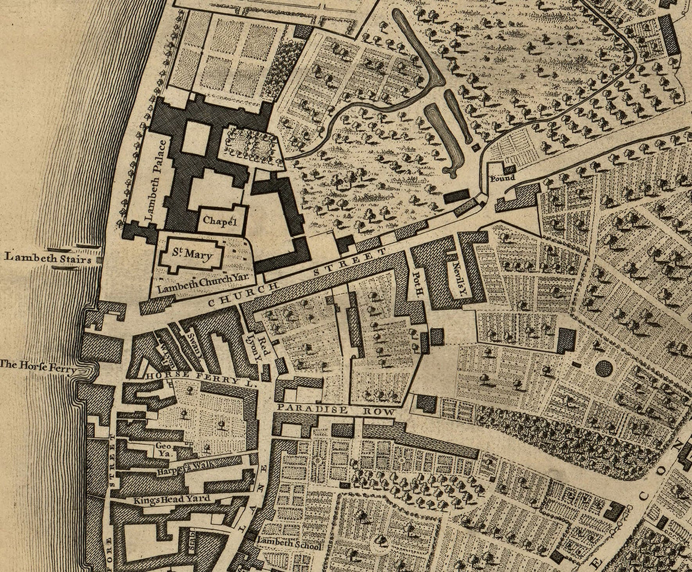 Old Map of London, 1746 by John Rocque, C3 - Lambeth, Vauxhall, Westminster, Parliament, Millbank, Kennington, Marshes