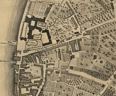 Old Map of London, 1746 by John Rocque, C3 - Lambeth, Vauxhall, Westminster, Parliament, Millbank, Kennington, Marshes