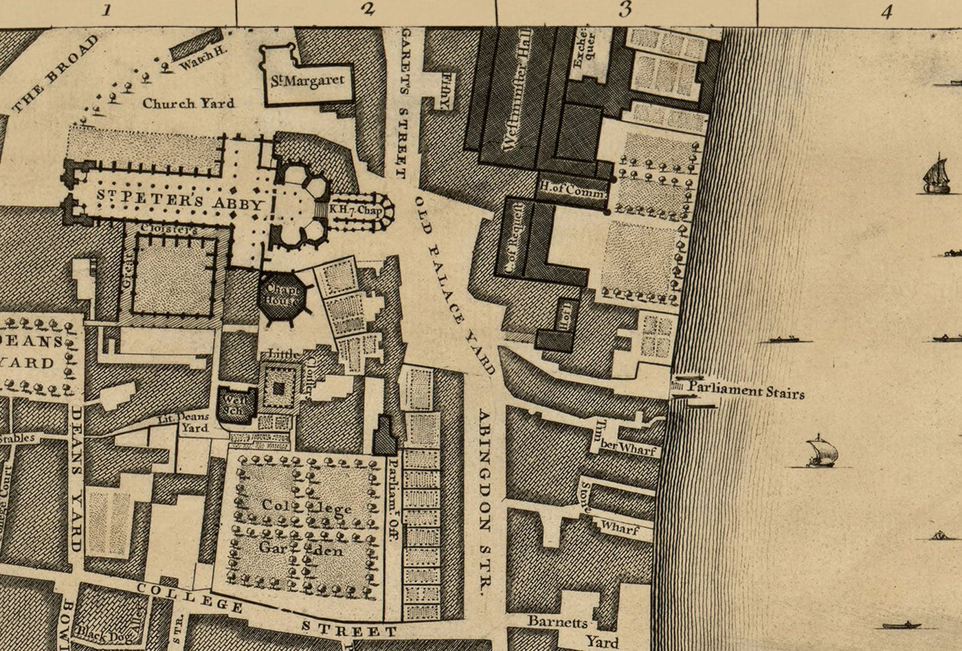 Old Map of London, 1746 by John Rocque, C3 - Lambeth, Vauxhall, Westminster, Parliament, Millbank, Kennington, Marshes