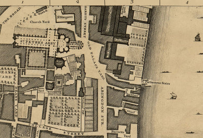 Old Map of London, 1746 by John Rocque, C3 - Lambeth, Vauxhall, Westminster, Parliament, Millbank, Kennington, Marshes