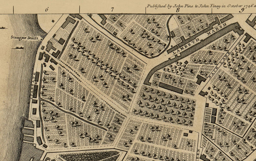 Ancienne carte de Londres, 1746 par John Rocque, C3 - Lambeth, Vauxhall, Westminster, Parlement, Millbank, Kennington, Marais