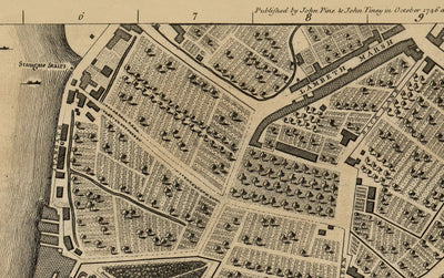 Old Map of London, 1746 by John Rocque, C3 - Lambeth, Vauxhall, Westminster, Parliament, Millbank, Kennington, Marshes