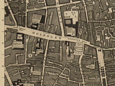 Ancienne carte de Londres, 1746 par John Rocque, D1 - Holborn, Clerkenwell, Farringdon, Barbican, Westminster, Ville de Londres, Marché Smithfield