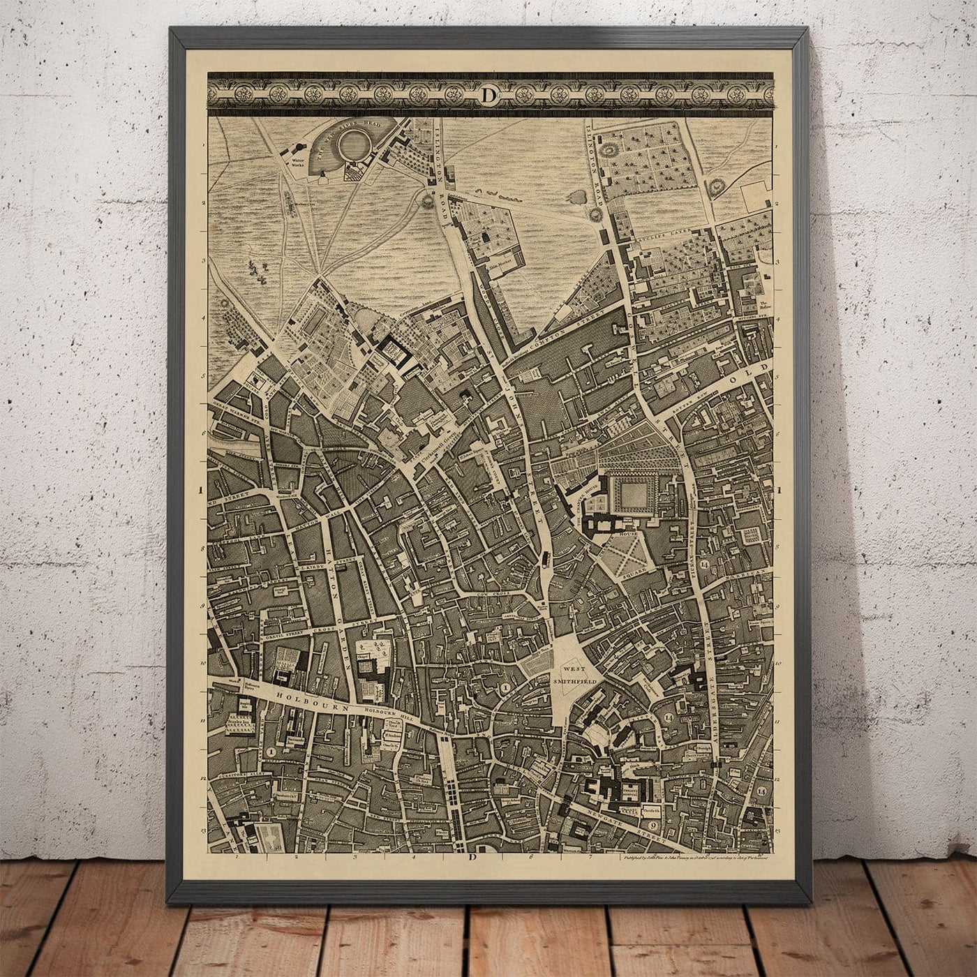 Ancienne carte de Londres, 1746 par John Rocque, D1 - Holborn, Clerkenwell, Farringdon, Barbican, Westminster, Ville de Londres, Marché Smithfield