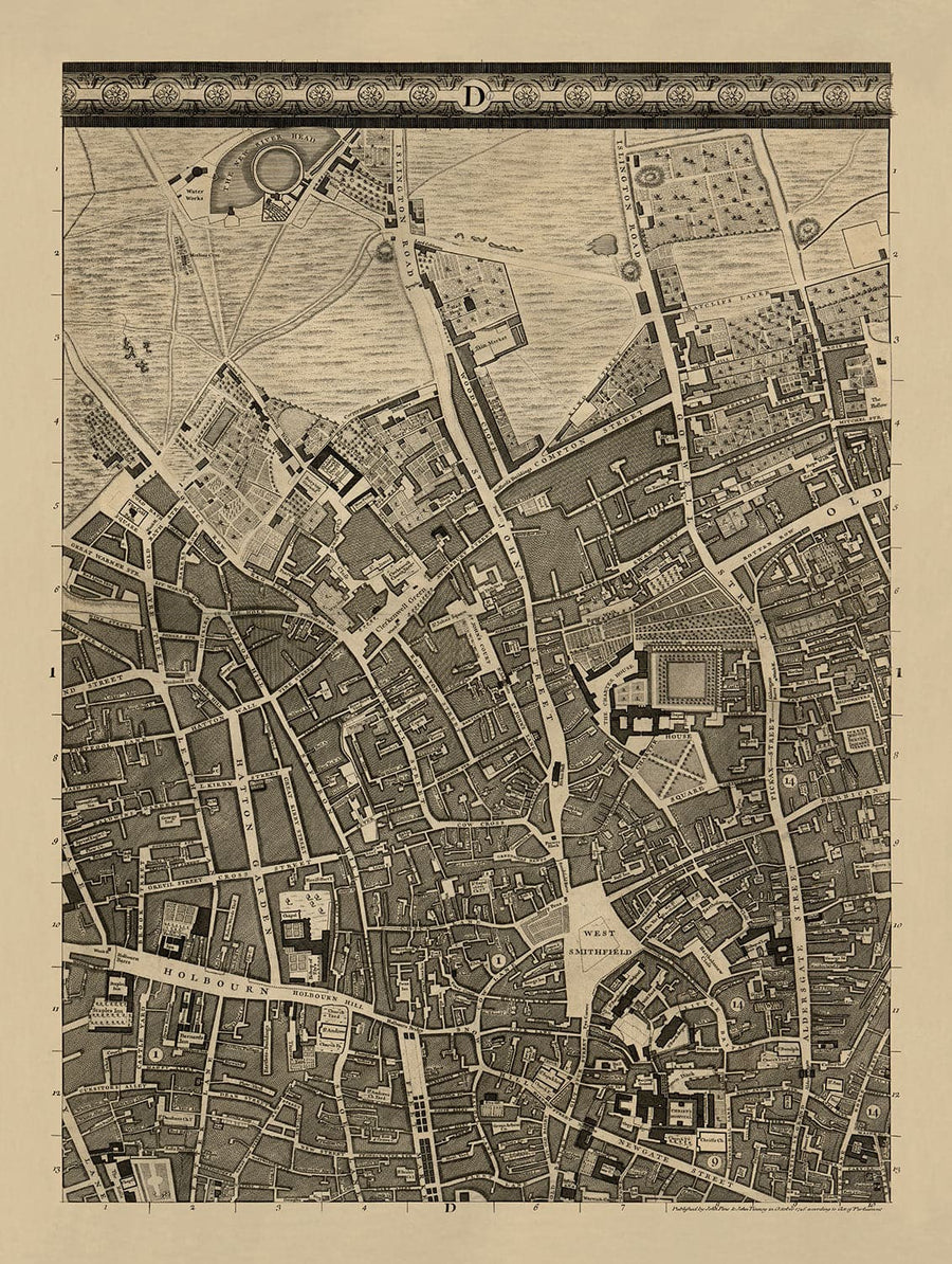 Ancienne carte de Londres, 1746 par John Rocque, D1 - Holborn, Clerkenwell, Farringdon, Barbican, Westminster, Ville de Londres, Marché Smithfield