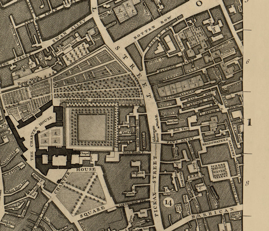 Ancienne carte de Londres, 1746 par John Rocque, D1 - Holborn, Clerkenwell, Farringdon, Barbican, Westminster, Ville de Londres, Marché Smithfield