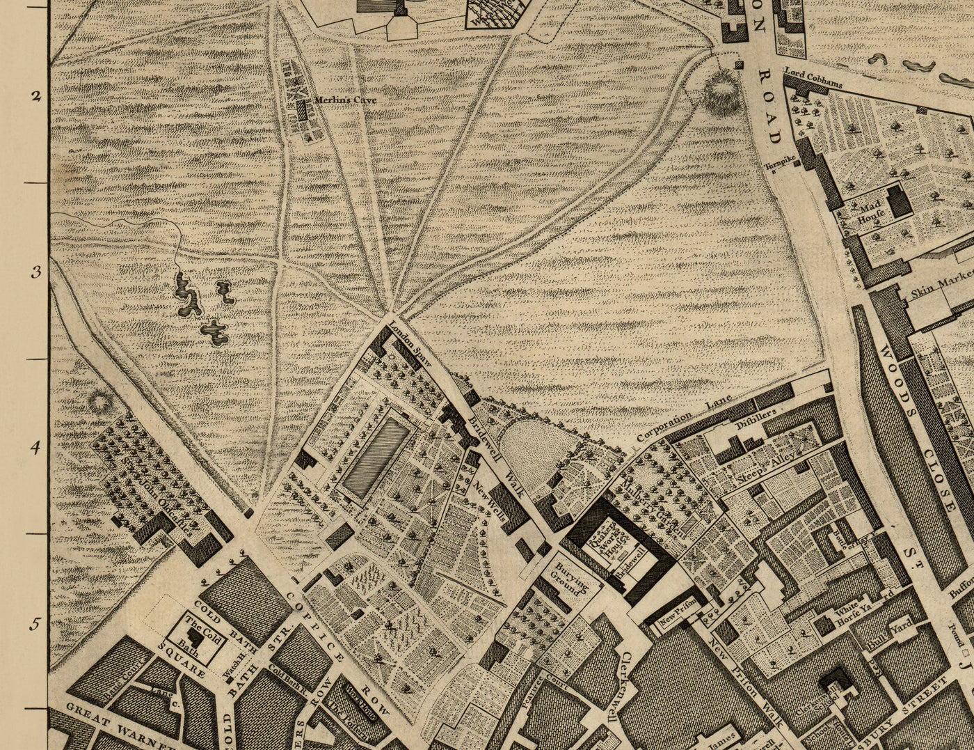 Ancienne carte de Londres, 1746 par John Rocque, D1 - Holborn, Clerkenwell, Farringdon, Barbican, Westminster, Ville de Londres, Marché Smithfield