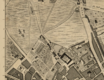 Ancienne carte de Londres, 1746 par John Rocque, D1 - Holborn, Clerkenwell, Farringdon, Barbican, Westminster, Ville de Londres, Marché Smithfield