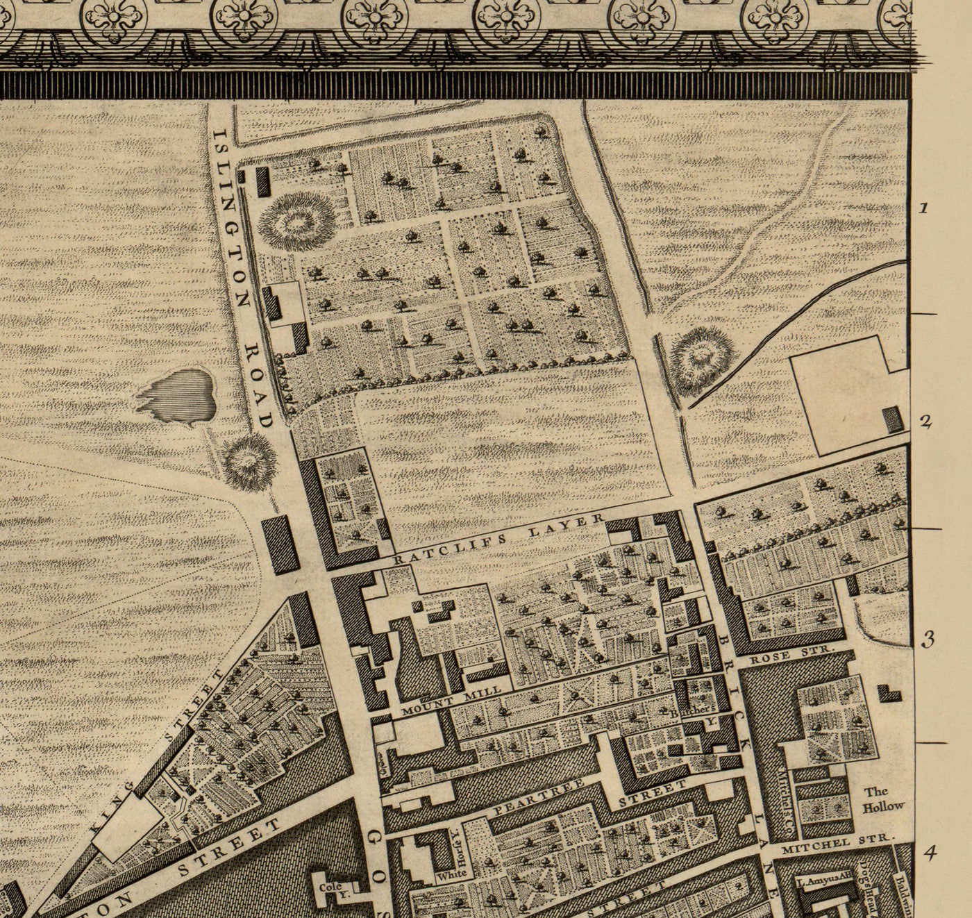 Ancienne carte de Londres, 1746 par John Rocque, D1 - Holborn, Clerkenwell, Farringdon, Barbican, Westminster, Ville de Londres, Marché Smithfield