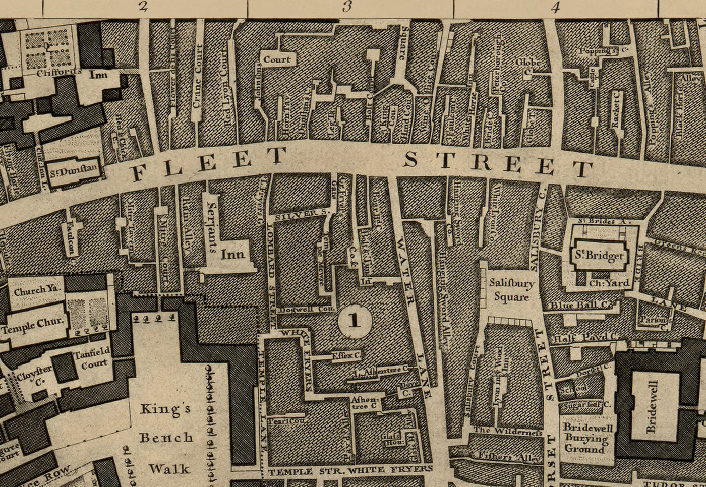 Mapa antiguo de Londres, 1746 por John Rocque - D2 - Catedral de St Pauls, Blackfriars, Southbank, Bankside,. Fleet Street, Temple, Terreno superior
