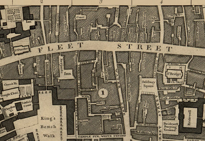 Mapa antiguo de Londres, 1746 por John Rocque - D2 - Catedral de St Pauls, Blackfriars, Southbank, Bankside,. Fleet Street, Temple, Terreno superior
