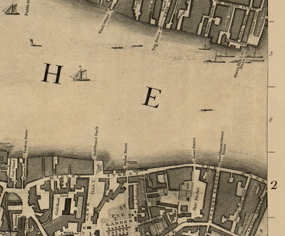 Mapa antiguo de Londres, 1746 por John Rocque - D2 - Catedral de St Pauls, Blackfriars, Southbank, Bankside,. Fleet Street, Temple, Terreno superior