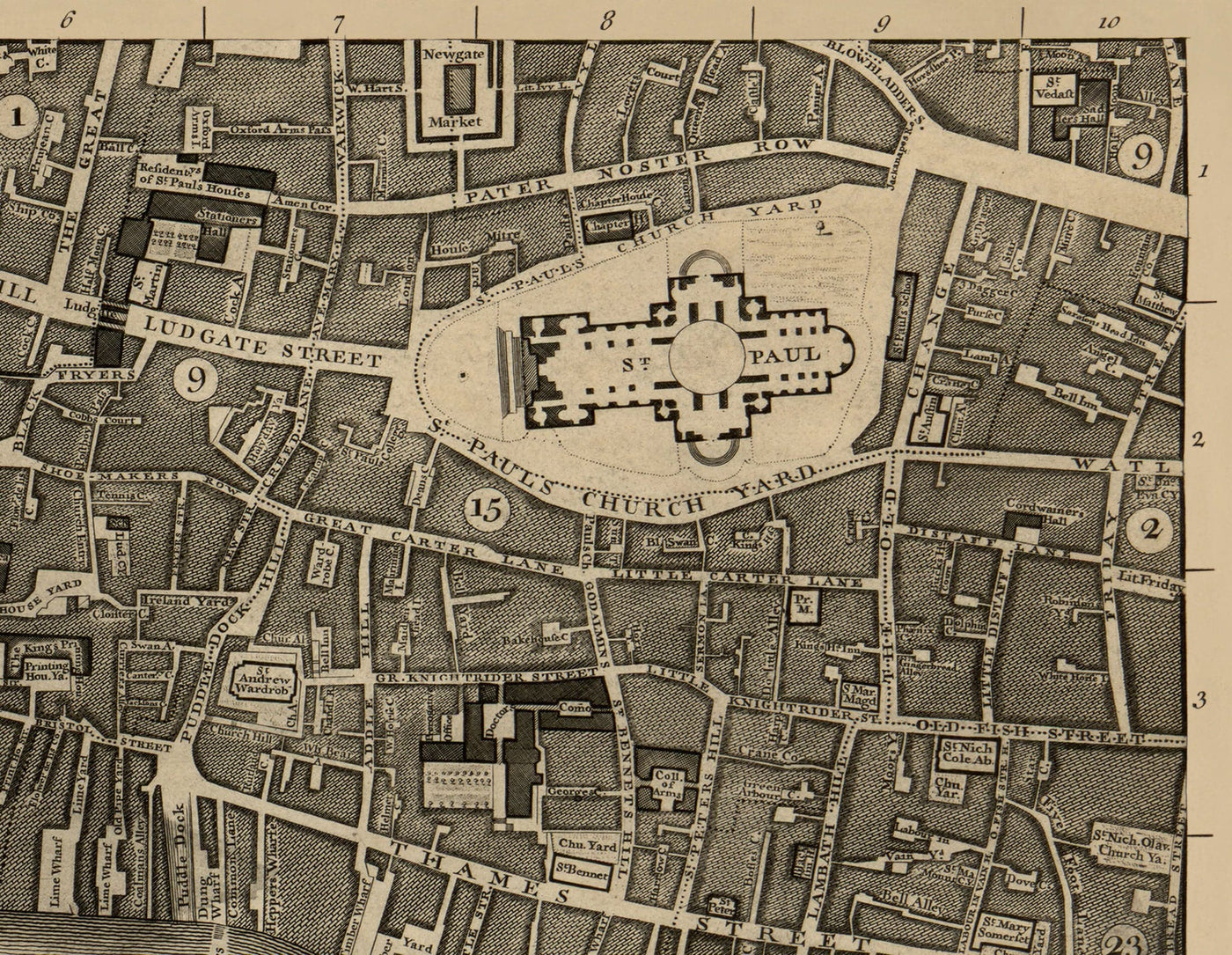 Mapa antiguo de Londres, 1746 por John Rocque - D2 - Catedral de St Pauls, Blackfriars, Southbank, Bankside,. Fleet Street, Temple, Terreno superior