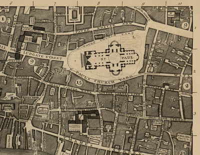 Mapa antiguo de Londres, 1746 por John Rocque - D2 - Catedral de St Pauls, Blackfriars, Southbank, Bankside,. Fleet Street, Temple, Terreno superior