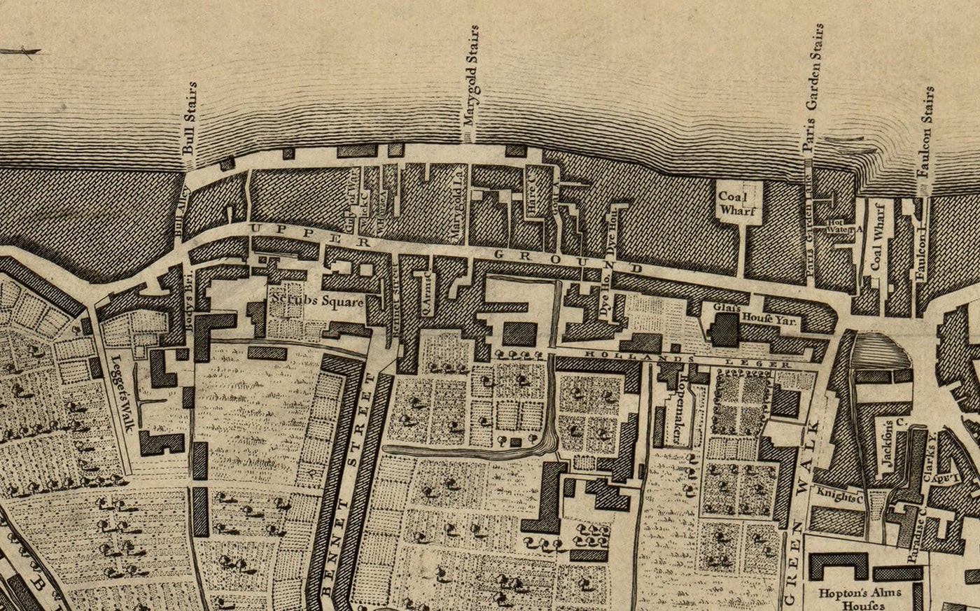 Mapa antiguo de Londres, 1746 por John Rocque - D2 - Catedral de St Pauls, Blackfriars, Southbank, Bankside,. Fleet Street, Temple, Terreno superior