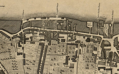Mapa antiguo de Londres, 1746 por John Rocque - D2 - Catedral de St Pauls, Blackfriars, Southbank, Bankside,. Fleet Street, Temple, Terreno superior