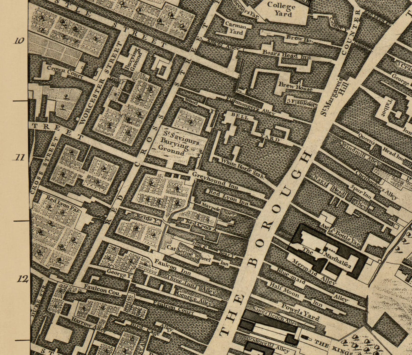 Old Map of London, 1746 by John Rocque, E2 - London Bridge, City of London, Borough, Bermondsey, Monument, Cannon, Bank