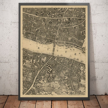 Mappa antica di Londra, 1746 di John Rocque, E2 - London Bridge, Città di Londra, Borough, Bermondsey, Monumento, Cannon, Bank 