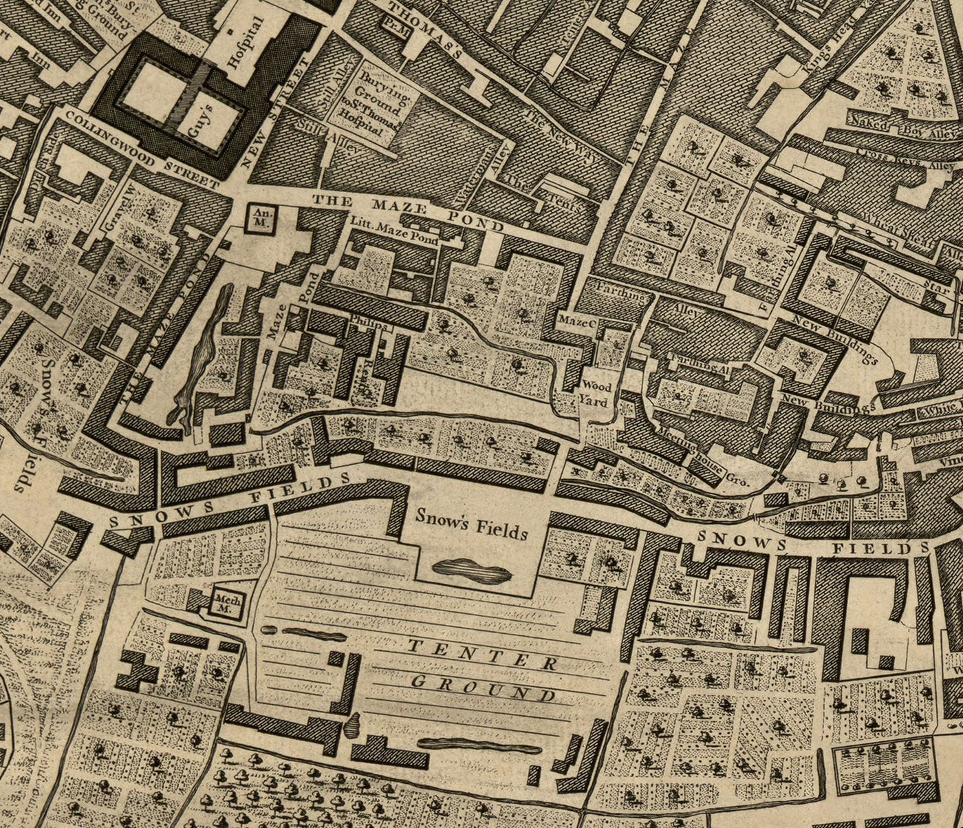 Old Map of London, 1746 by John Rocque, E2 - London Bridge, City of London, Borough, Bermondsey, Monument, Cannon, Bank