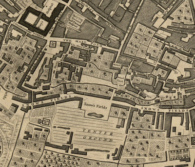 Old Map of London, 1746 by John Rocque, E2 - London Bridge, City of London, Borough, Bermondsey, Monument, Cannon, Bank