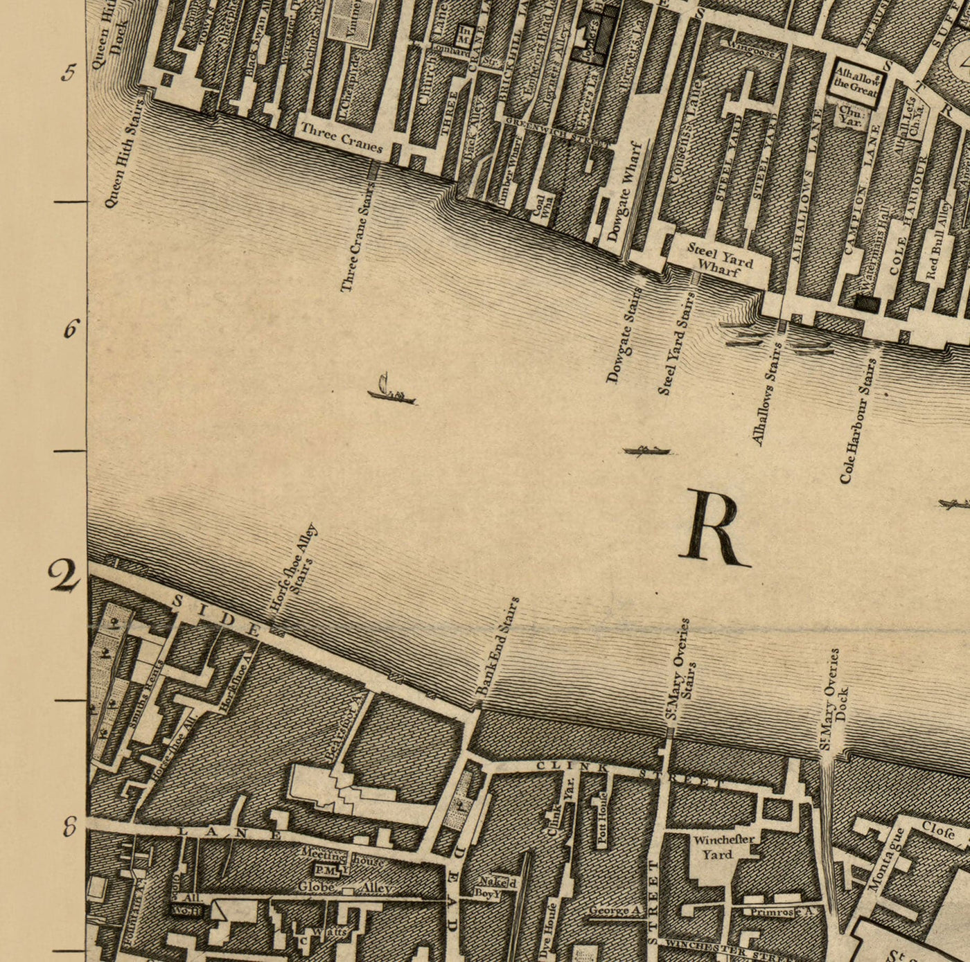 Old Map of London, 1746 by John Rocque, E2 - London Bridge, City of London, Borough, Bermondsey, Monument, Cannon, Bank