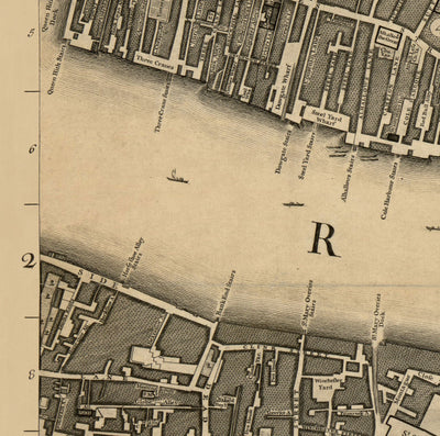 Old Map of London, 1746 by John Rocque, E2 - London Bridge, City of London, Borough, Bermondsey, Monument, Cannon, Bank