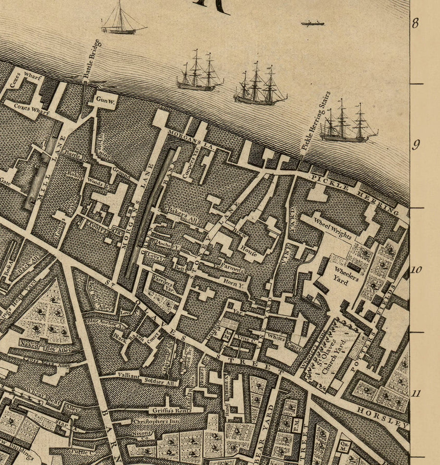 Ancienne carte de Londres, 1746 par John Rocque, E2 - London Bridge, City of London, Borough, Bermondsey, Monument, Cannon, Bank 