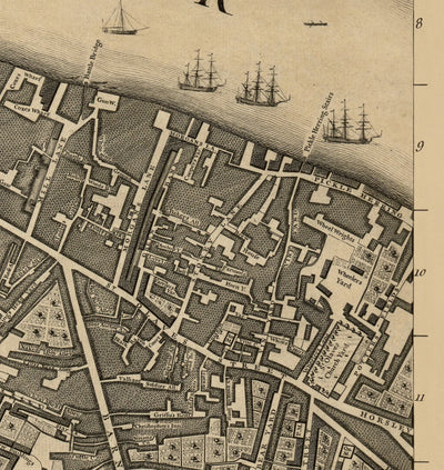 Old Map of London, 1746 by John Rocque, E2 - London Bridge, City of London, Borough, Bermondsey, Monument, Cannon, Bank