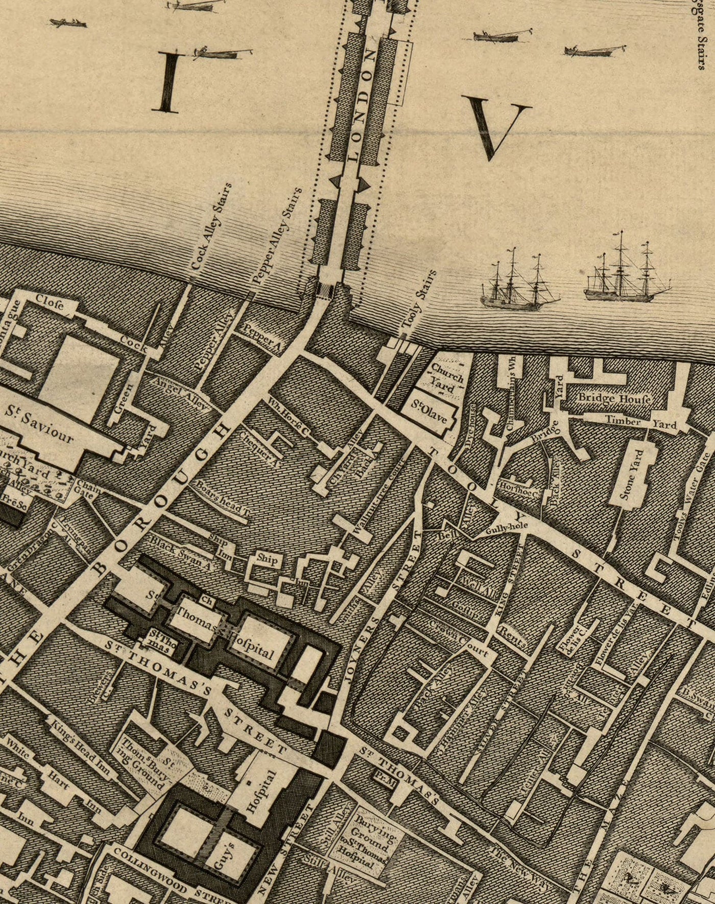 Old Map of London, 1746 by John Rocque, E2 - London Bridge, City of London, Borough, Bermondsey, Monument, Cannon, Bank