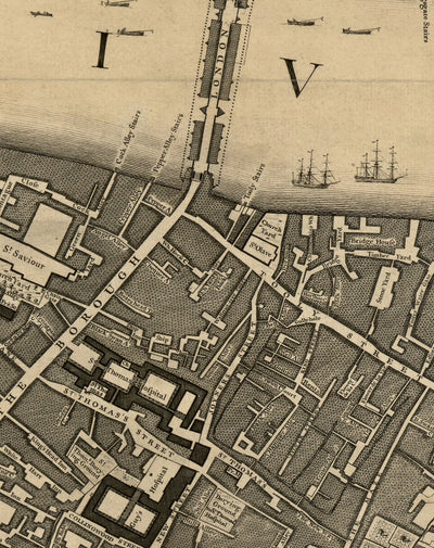 Old Map of London, 1746 by John Rocque, E2 - London Bridge, City of London, Borough, Bermondsey, Monument, Cannon, Bank
