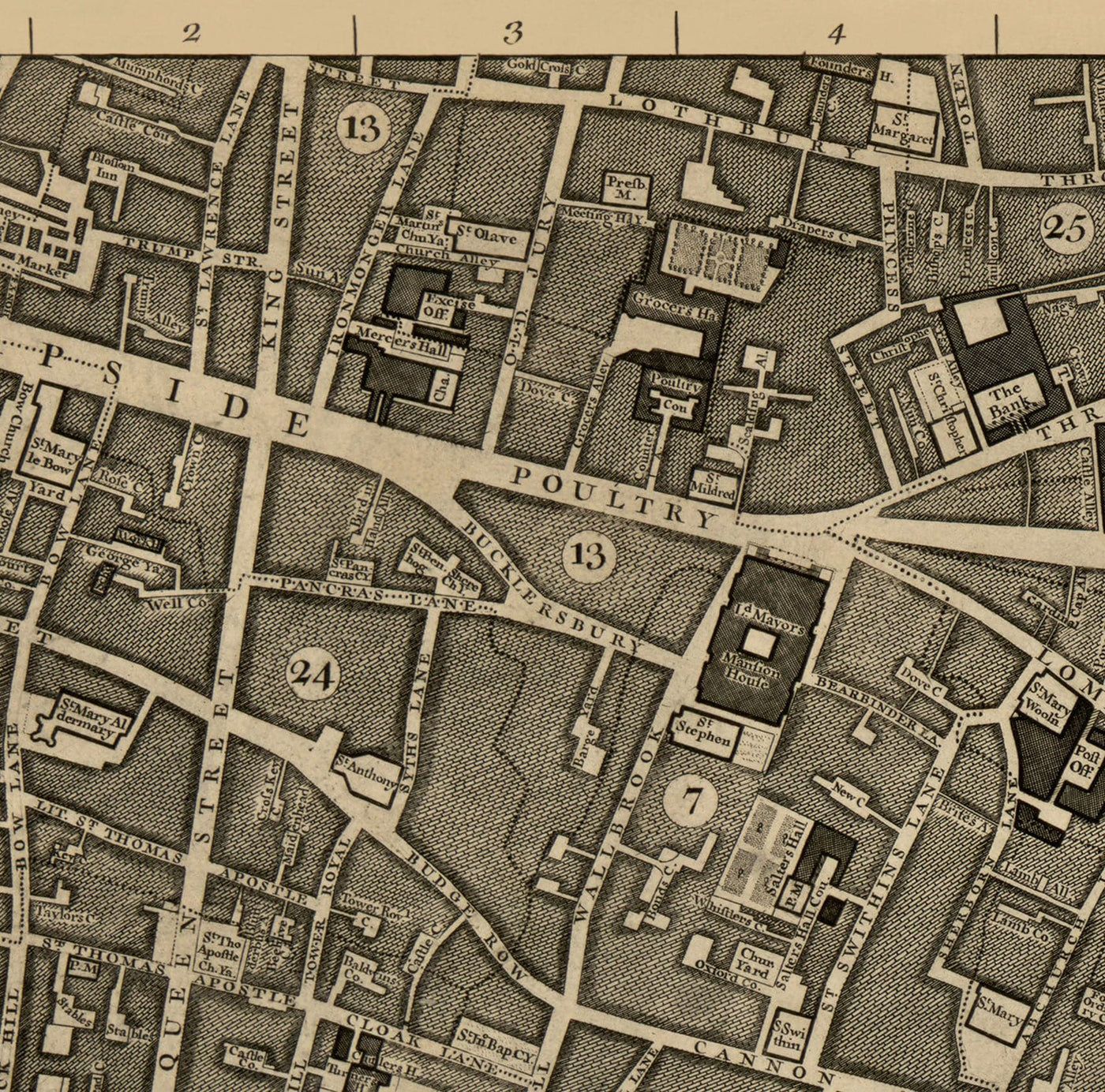 Old Map of London, 1746 by John Rocque, E2 - London Bridge, City of London, Borough, Bermondsey, Monument, Cannon, Bank