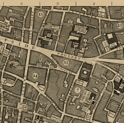 Old Map of London, 1746 by John Rocque, E2 - London Bridge, City of London, Borough, Bermondsey, Monument, Cannon, Bank