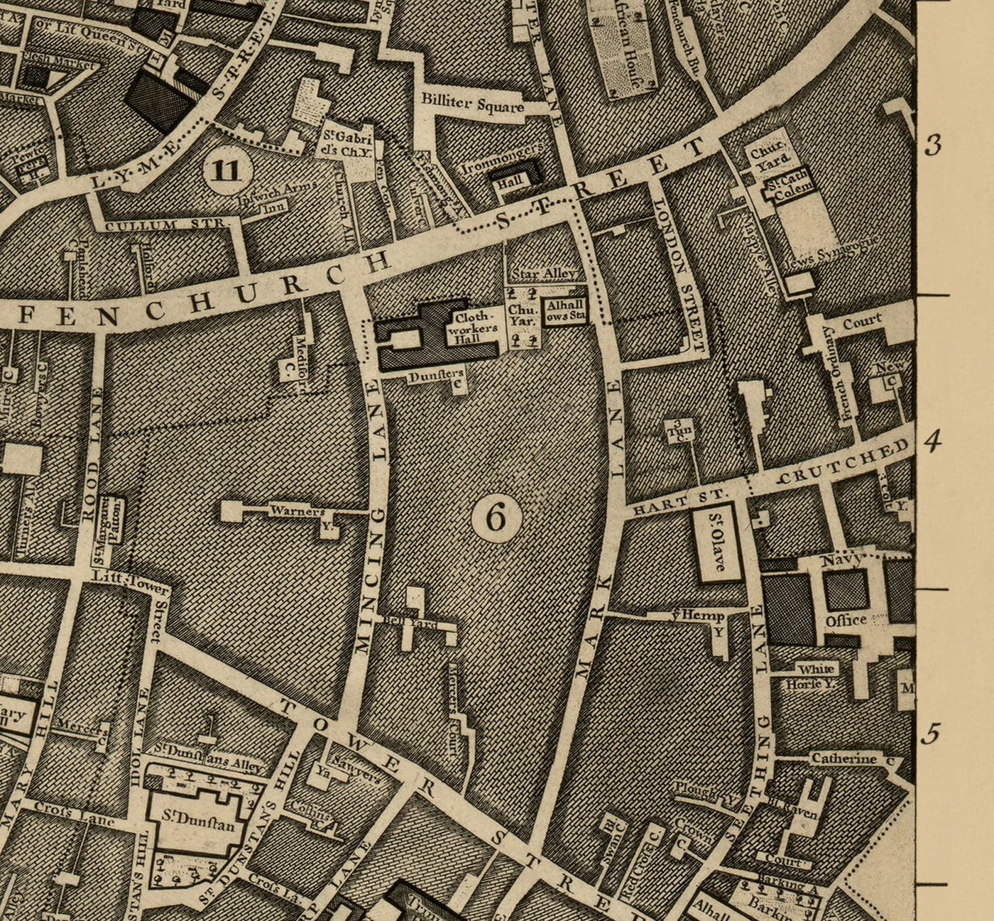 Old Map of London, 1746 by John Rocque, E2 - London Bridge, City of London, Borough, Bermondsey, Monument, Cannon, Bank