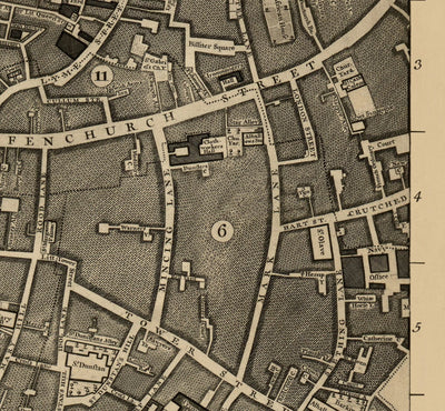 Old Map of London, 1746 by John Rocque, E2 - London Bridge, City of London, Borough, Bermondsey, Monument, Cannon, Bank