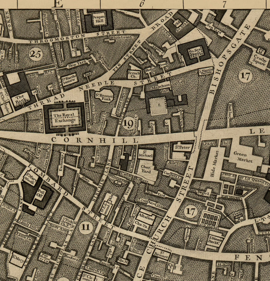 Ancienne carte de Londres, 1746 par John Rocque, E2 - London Bridge, City of London, Borough, Bermondsey, Monument, Cannon, Bank 