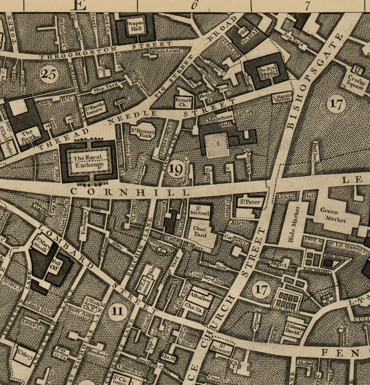 Old Map of London, 1746 by John Rocque, E2 - London Bridge, City of London, Borough, Bermondsey, Monument, Cannon, Bank