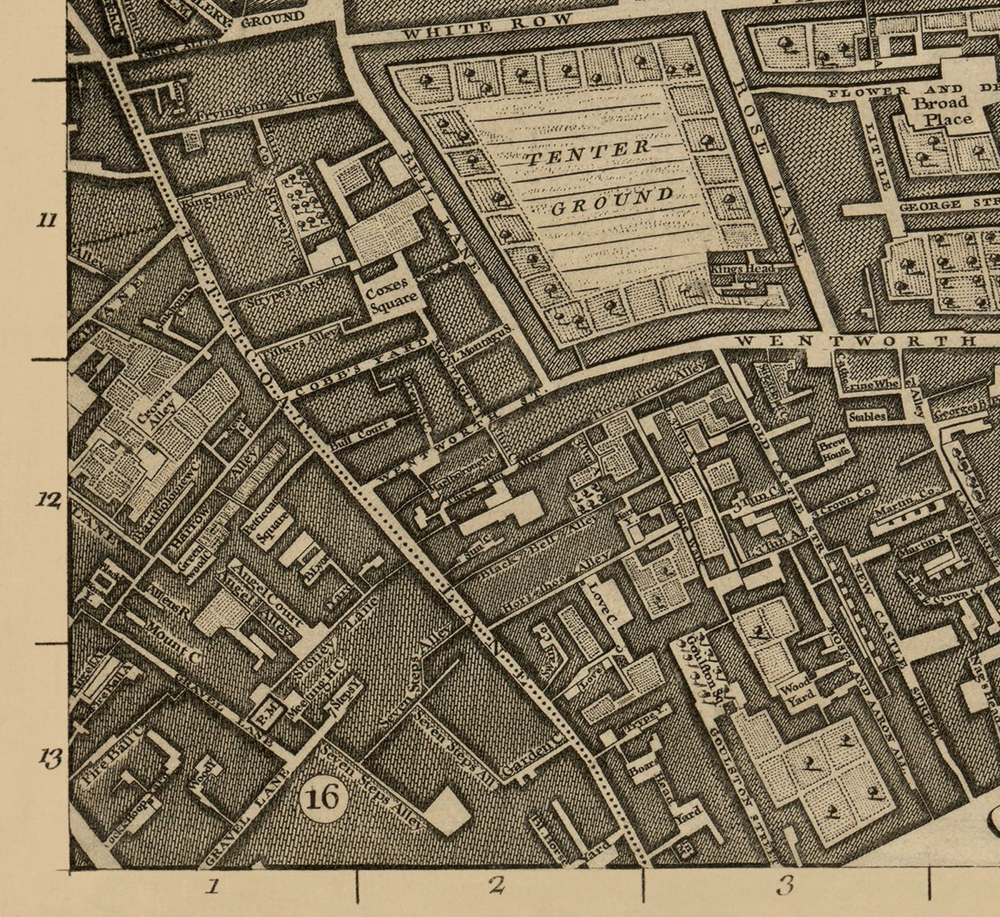 Old Map of London 1746 by John Rocque - F1 - Shoreditch, Spitalfields, Brick Lane, Whitechapel, East London, Hackney, Tower Hamlets, E1